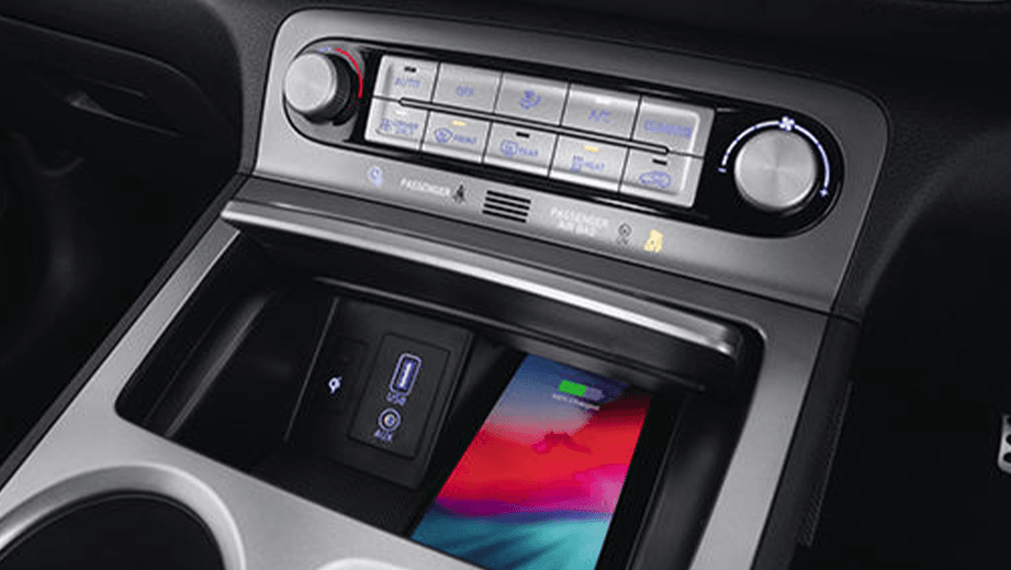 center console and wireless charging area of a Hyundai Kona Electric