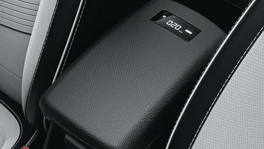 close-up of the center armrest and console of a Hyundai Venue