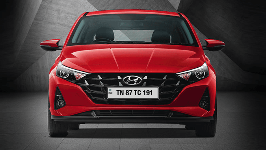 front view of a Fiery Red Hyundai i20