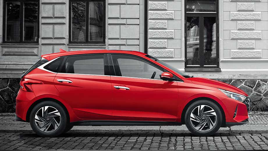 side view of a Fiery Red Hyundai i20
