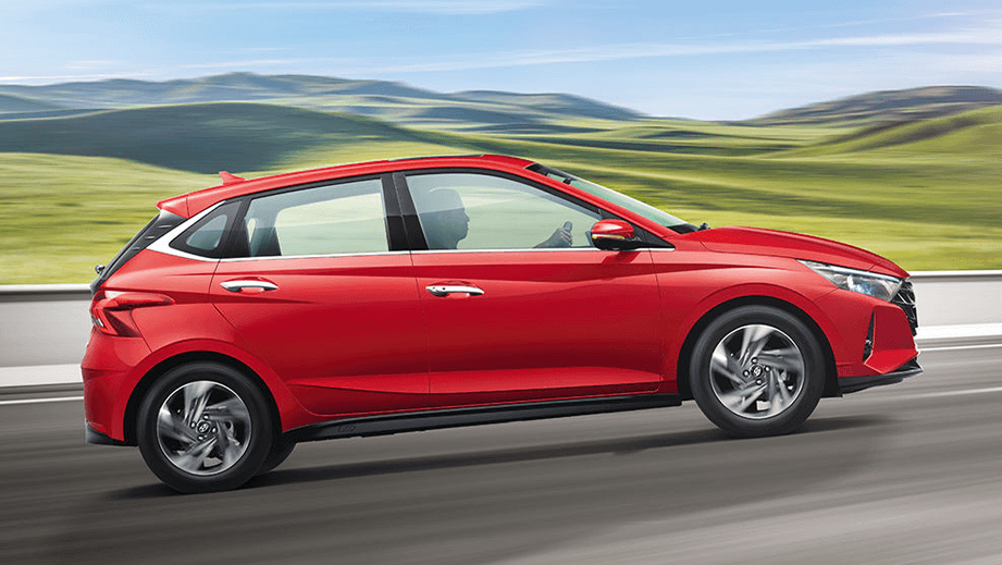 side view of a Fiery Red Hyundai i20