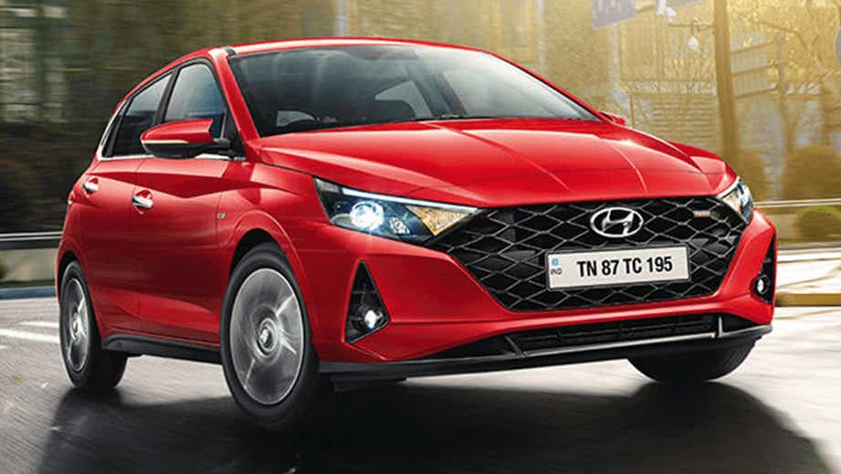 front three-quarter of a Fiery Red Hyundai i20