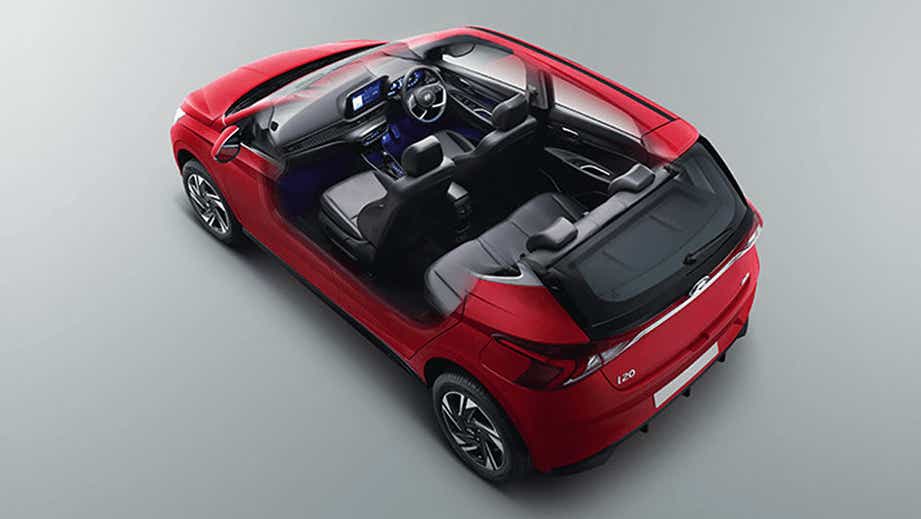 interior and dashboard view of a Fiery Red Hyundai i20