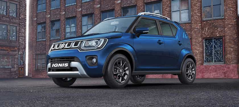 Front three-quarter view of a Nexa Blue Maruti Suzuki Ignis