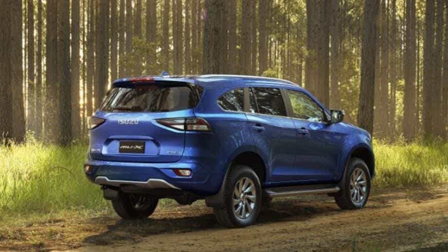 Rear three-quarter view of a Nautilus Blue Isuzu MU-X