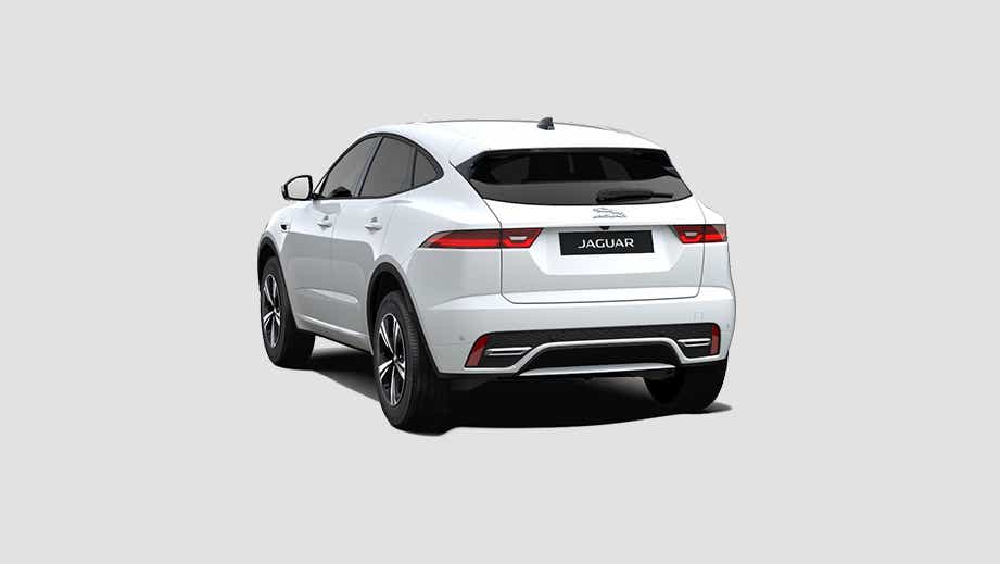 Rear three-quarter view of a Fuji White Jaguar E-Pace