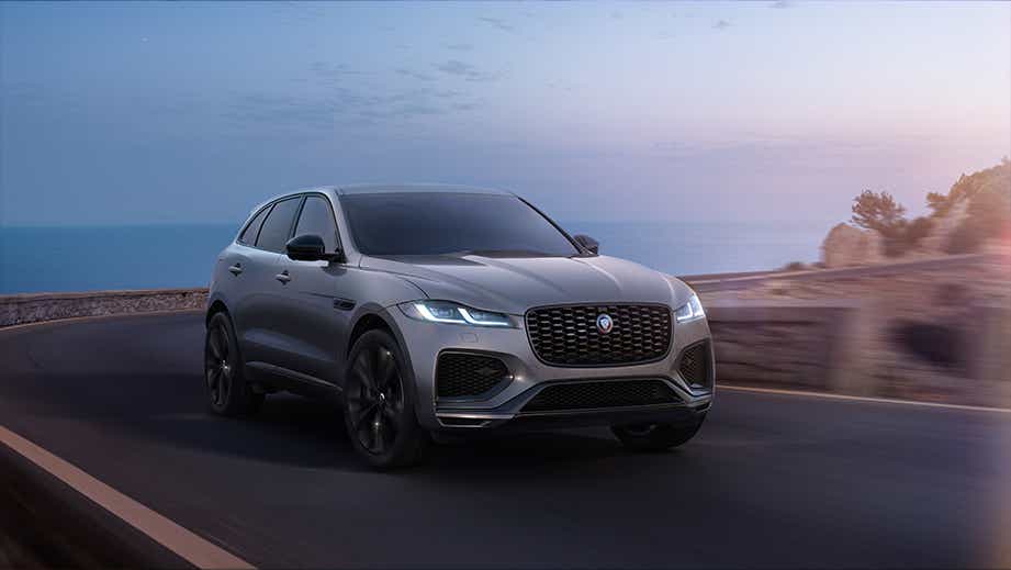 front three-quarter view of a Eiger Grey Jaguar F-Pace