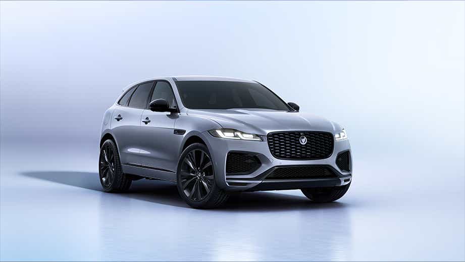 front three-quarter view of a Eiger Grey Jaguar F-Pace