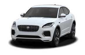 Front three-quarter view of a Fuji White Jaguar E-Pace
