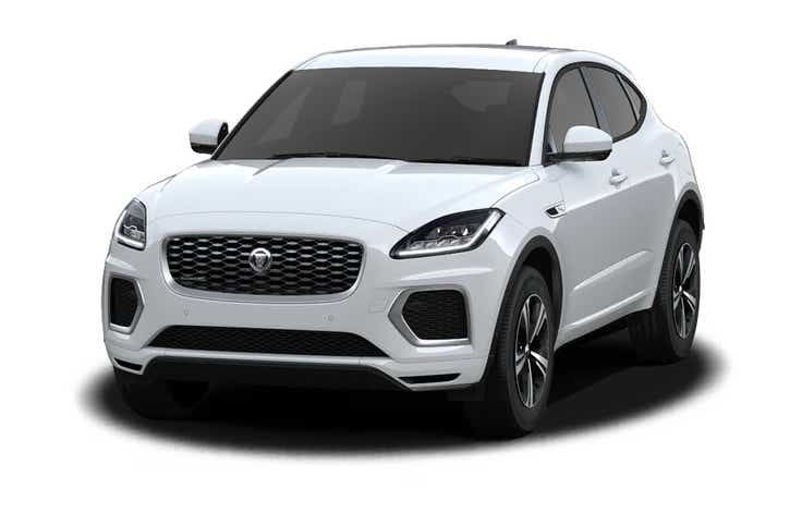 Front three-quarter view of a Fuji White Jaguar E-Pace