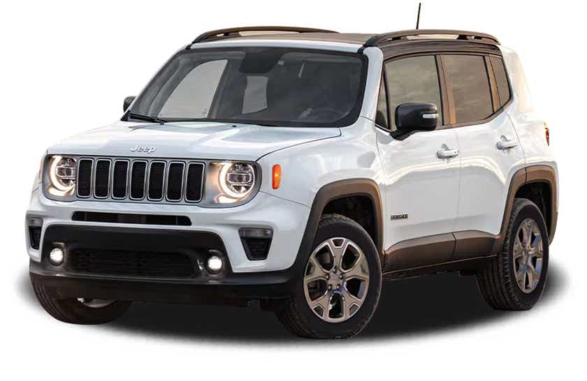 Front three-quarter view of a Pearl White Jeep Renegade