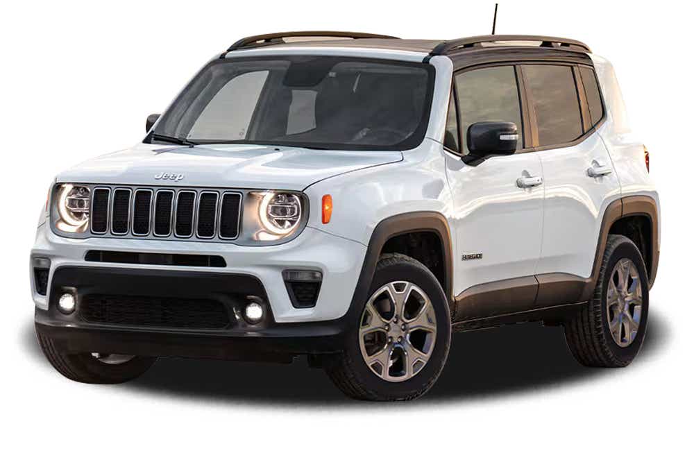 Front three-quarter view of a Pearl White Jeep Renegade