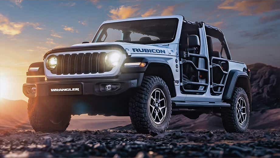 front angle view of a Jeep Wrangler Rubicon