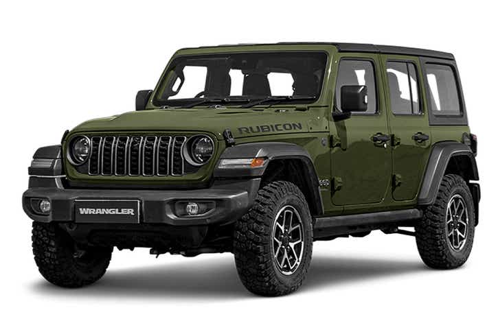 front three-quarter view of a Sarge Green Jeep Wrangler