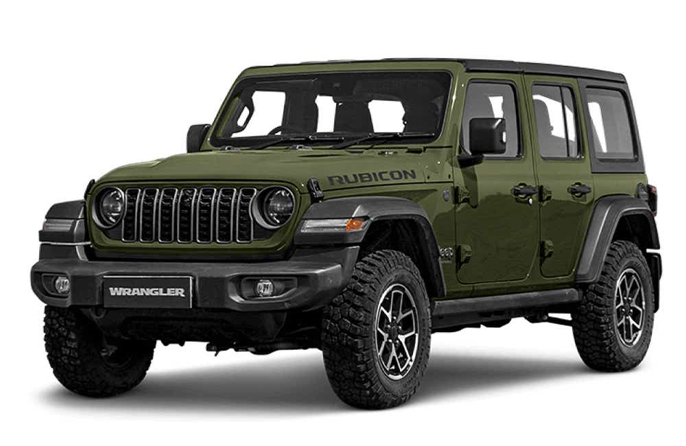 front three-quarter view of a Sarge Green Jeep Wrangler