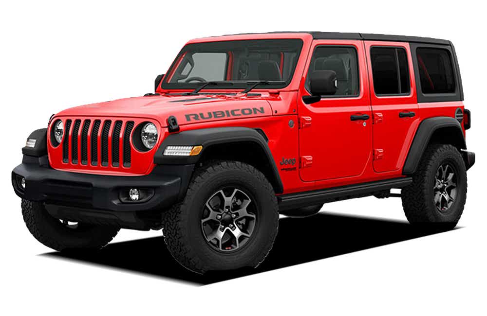 front three-quarter of a Firecracker Red Jeep Wrangler 2021-2023