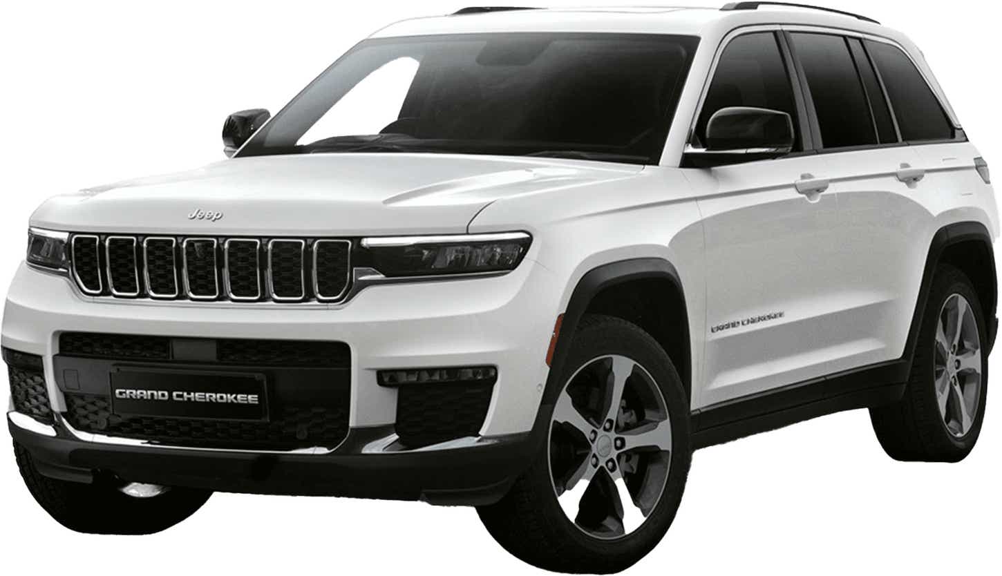front three-quarter view of a Bright White Jeep Grand Cherokee