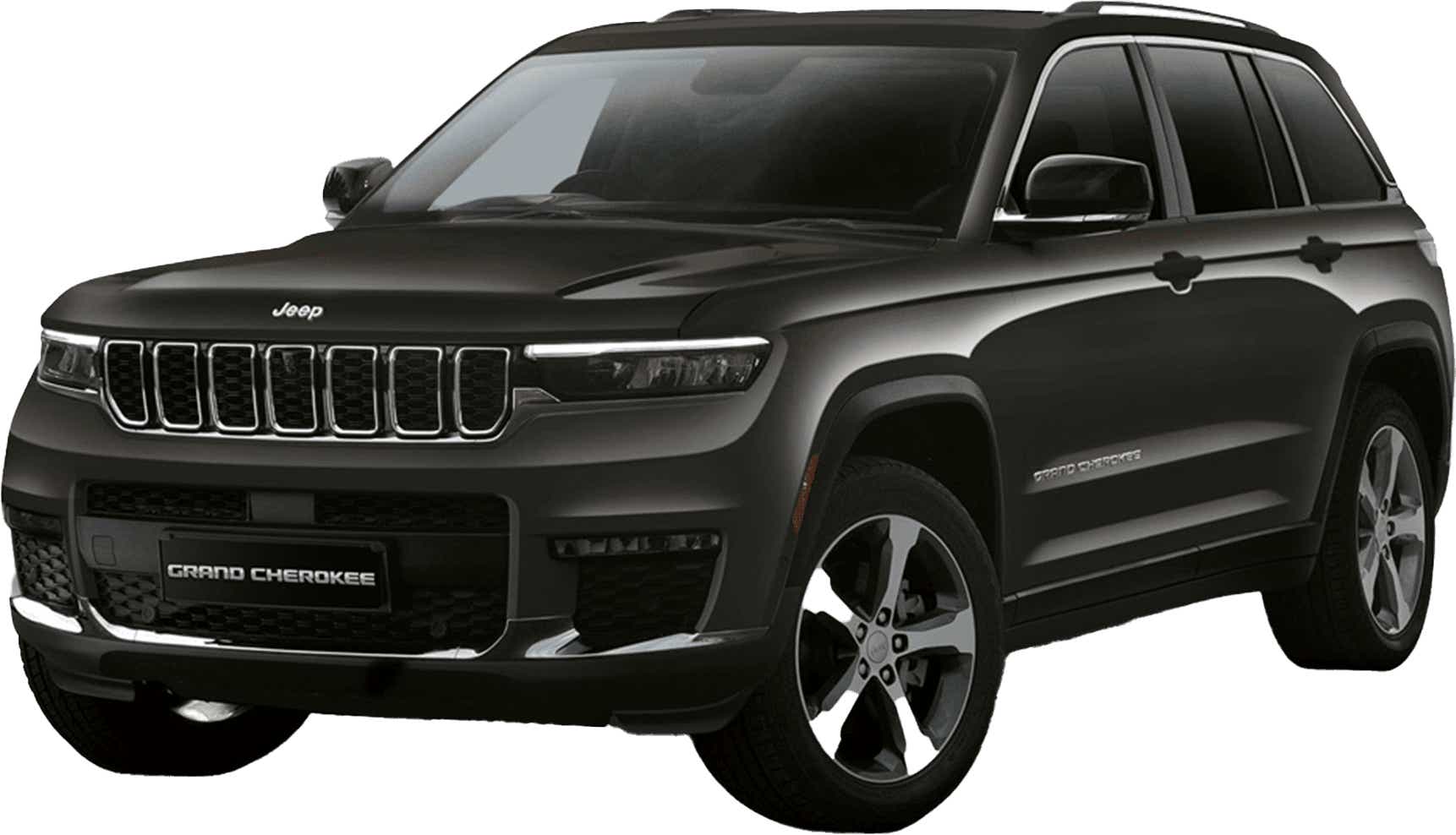 front three-quarter view of a Diamond Black Crystal Jeep Grand Cherokee