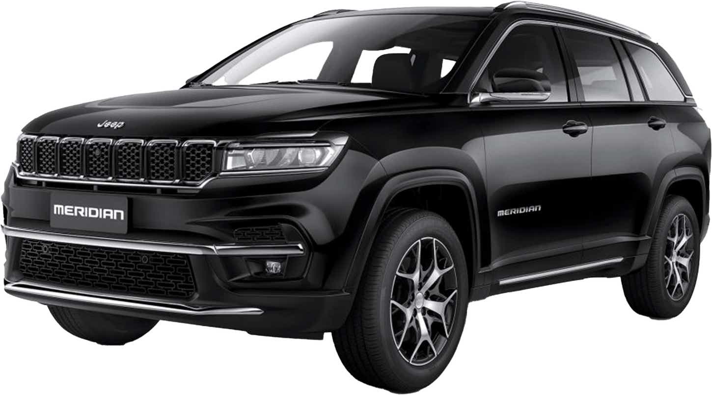 Front three-quarter view of a Brilliant Black Jeep Meridian 2022-2023