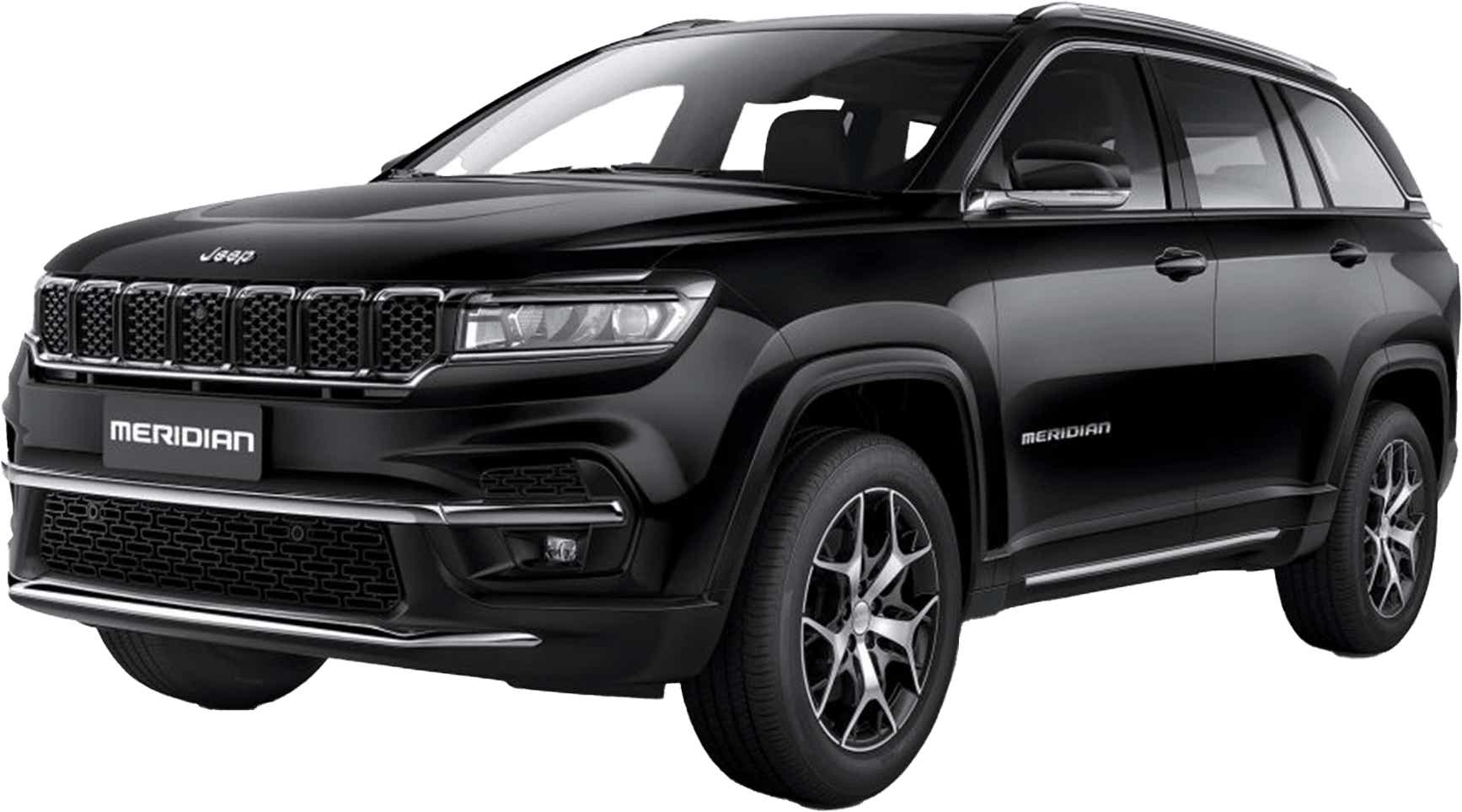 Front three-quarter view of a Brilliant Black Jeep Meridian 2022-2023