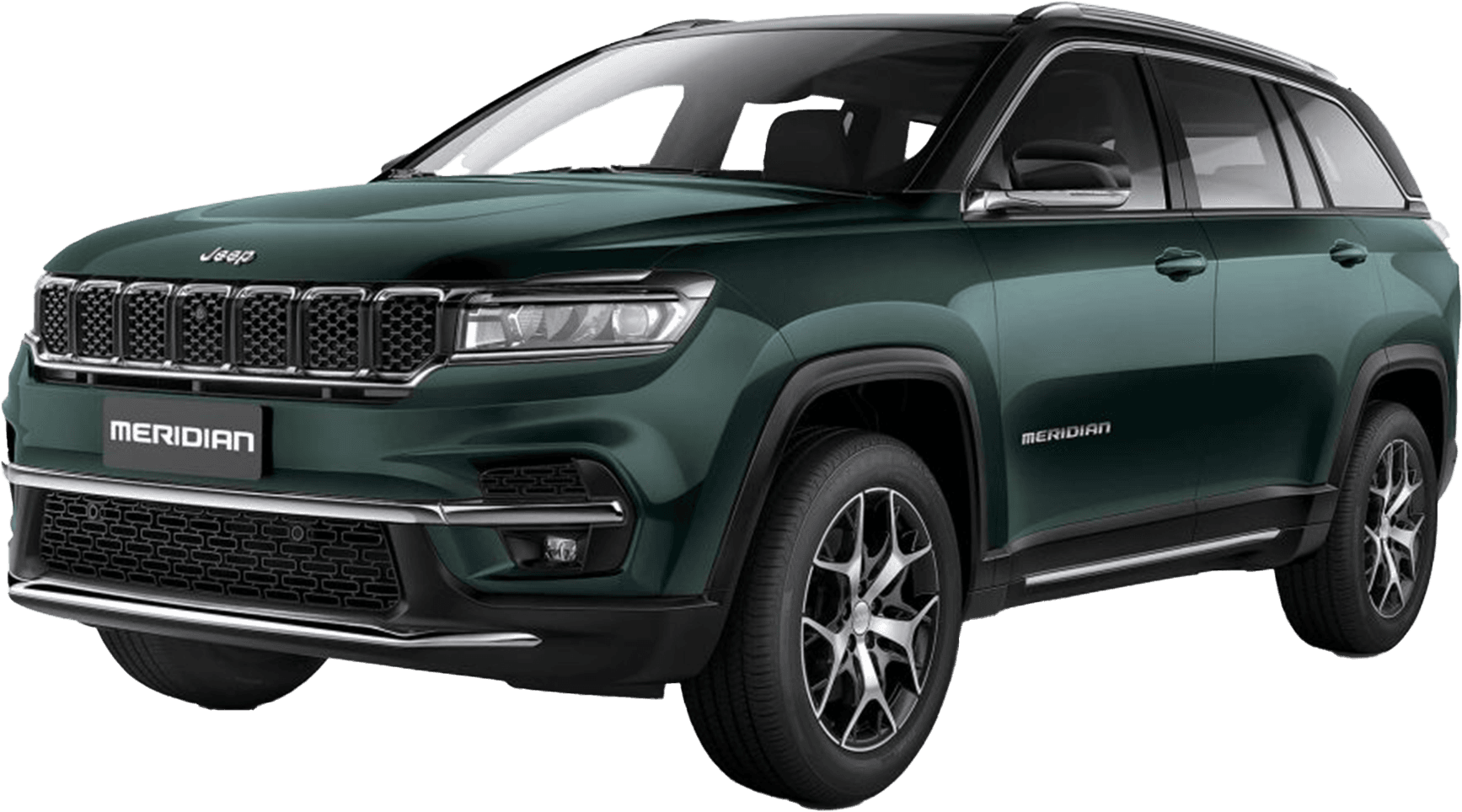 front three-quarter view of a Techno Metallic Green Jeep Meridian 2022-2023