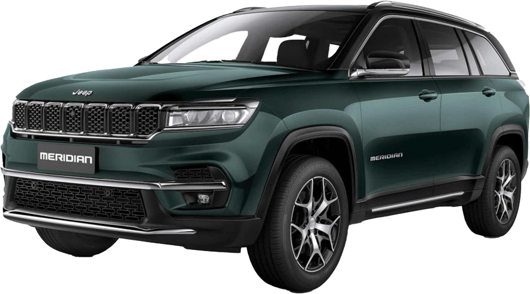 front three-quarter view of a Techno Metallic Green Jeep Meridian 2022-2023