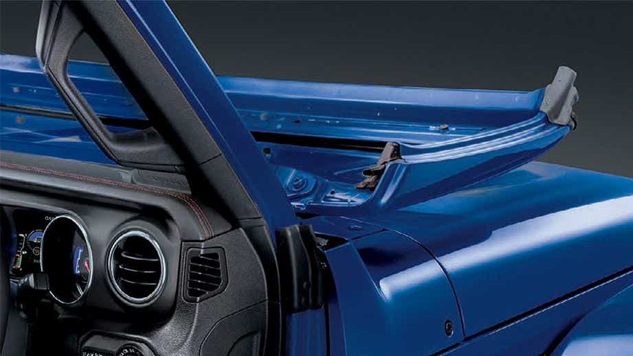 Open-top windshield view of a Jeep Wrangler 2021-2023