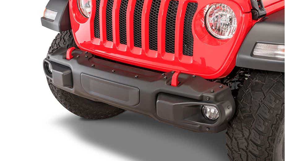 Front bumper and grille of a Jeep Wrangler 2021-2023