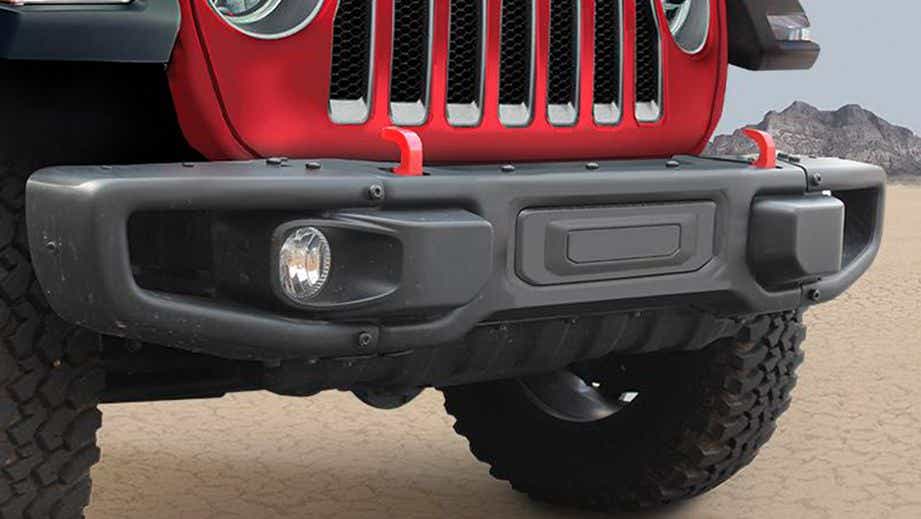 front bumper and grille of a Firecracker Red Jeep Wrangler 2021-2023