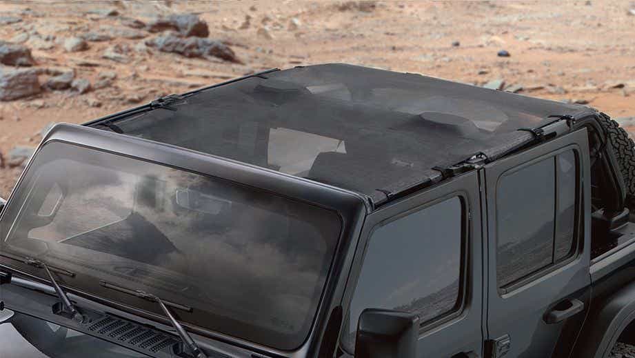 roof and windshield view of a Black Jeep Wrangler 2021-2023