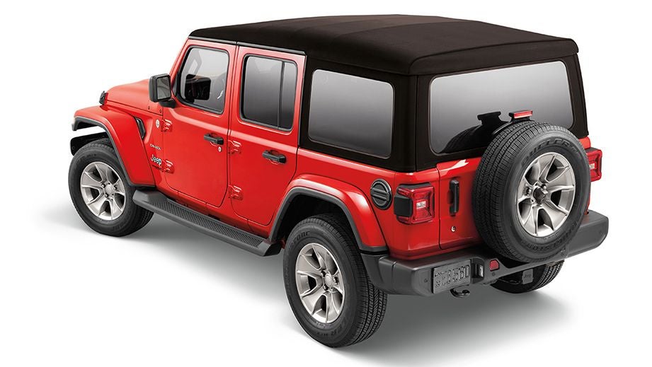 rear three-quarter view of a Firecracker Red Jeep Wrangler 2021-2023