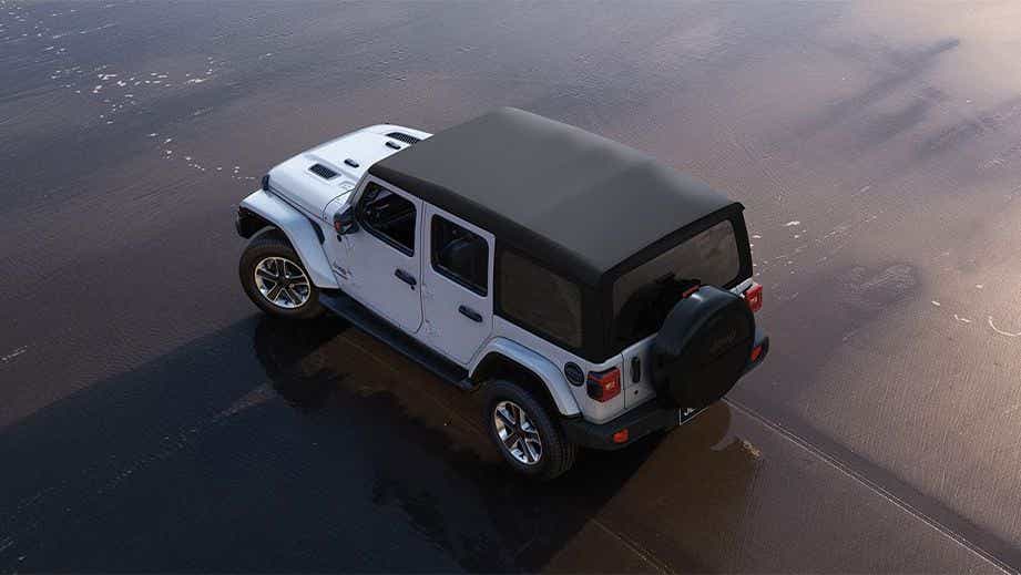 Rear three-quarter view of a Jeep Wrangler 2021-2023