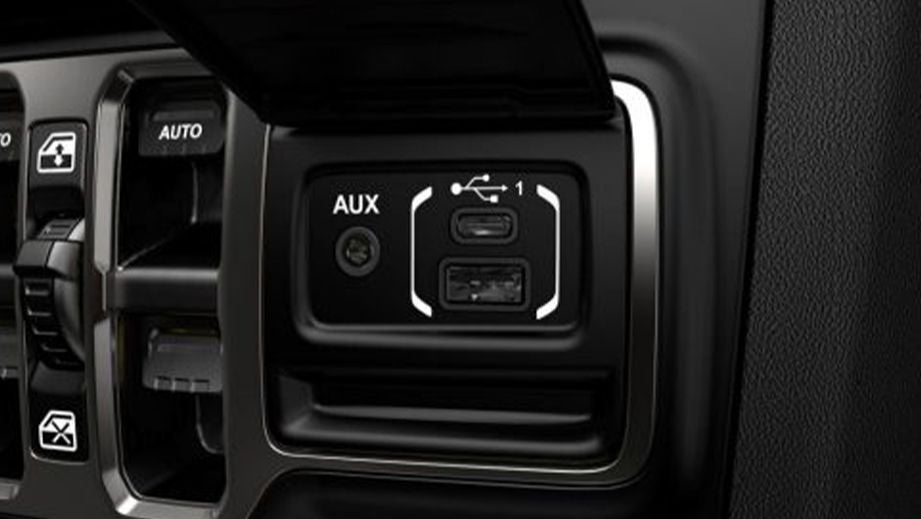 USB and AUX input panel of a Jeep Wrangler 2021-2023