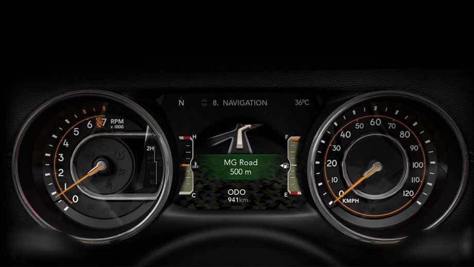 Instrument cluster and dashboard display of a Jeep Wrangler 2021-2023