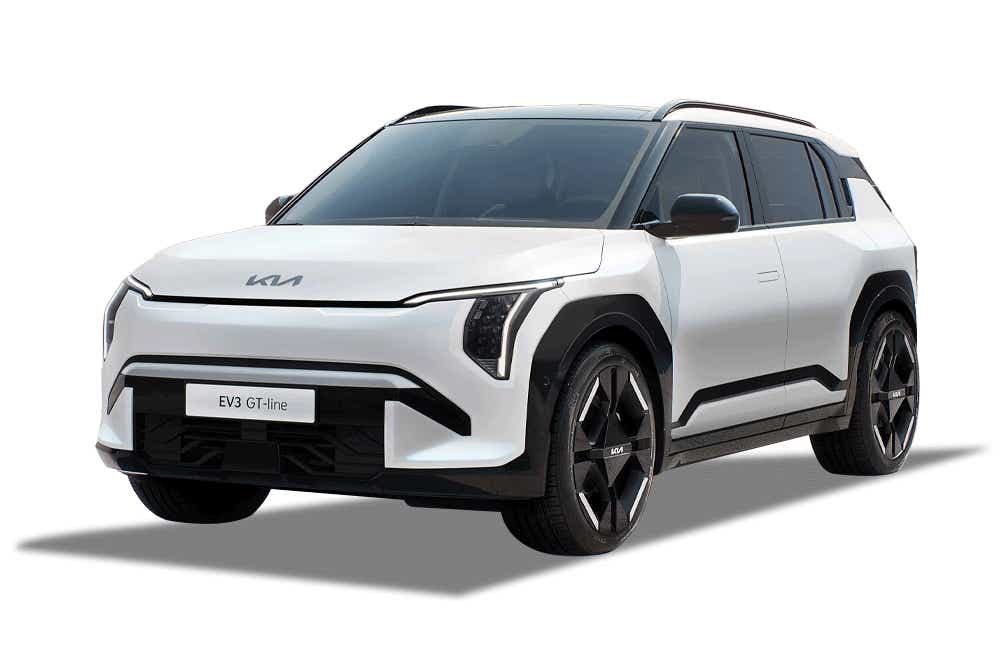 front three-quarter view of a Glacier White Pearl Kia EV3