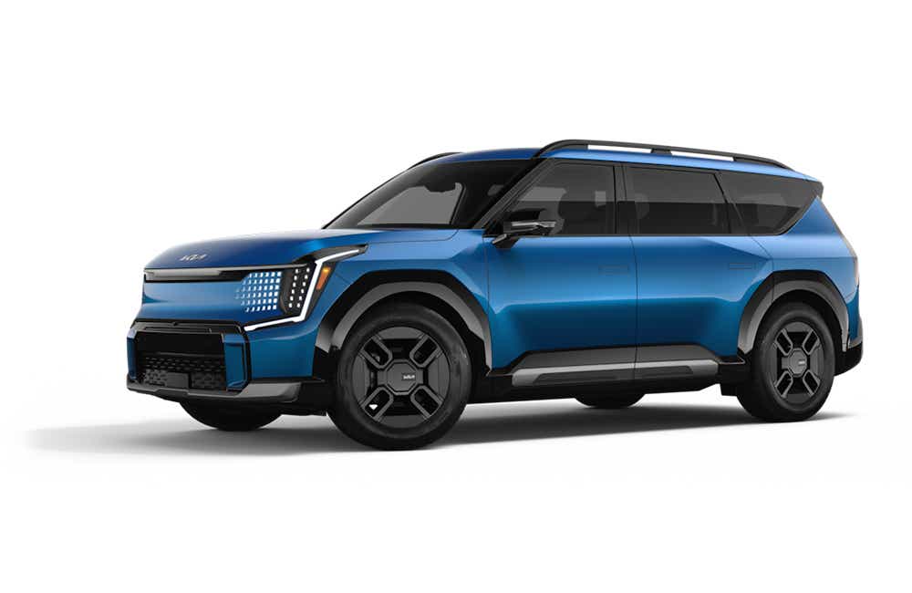 side view of a Ocean Blue Gloss Kia EV9