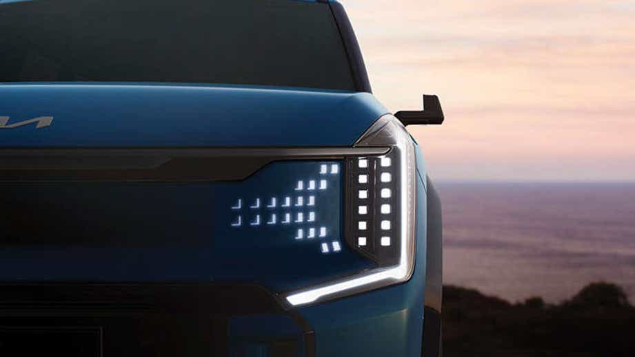 Front headlight close-up of a Kia EV9