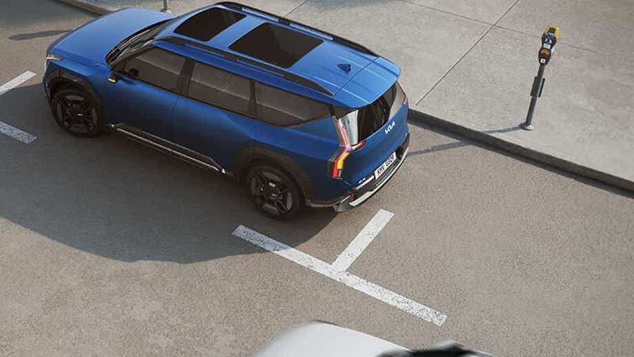 overhead view of a Ocean Blue Gloss Kia EV9