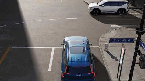 rear overhead view of a Kia EV9 at East 43rd and Fifth