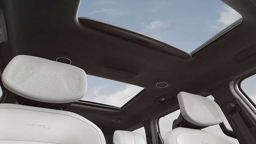 Panoramic sunroof and headrests of a Kia EV9