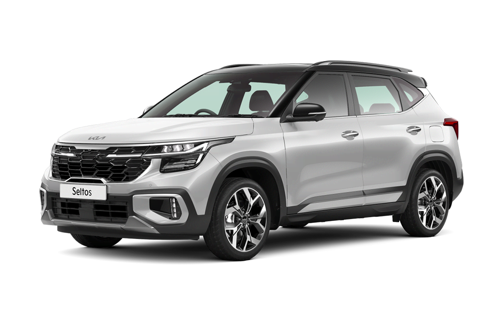 front three-quarter view of a Glacier White Pearl With Aurora Black Pearl Kia Seltos