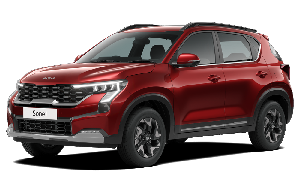 front three-quarter of a Intense Red Kia Sonet
