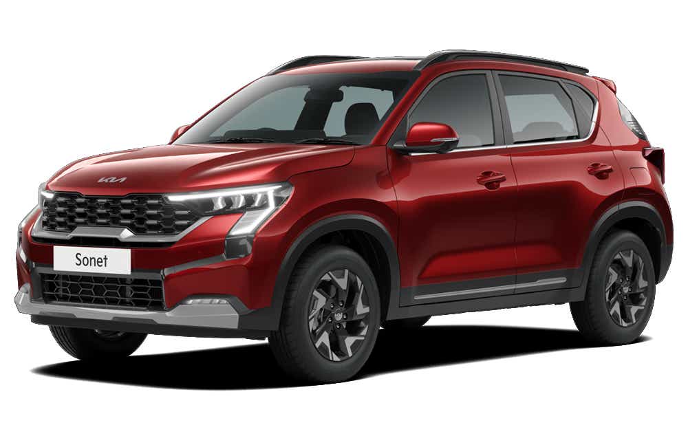 front three-quarter of a Intense Red Kia Sonet