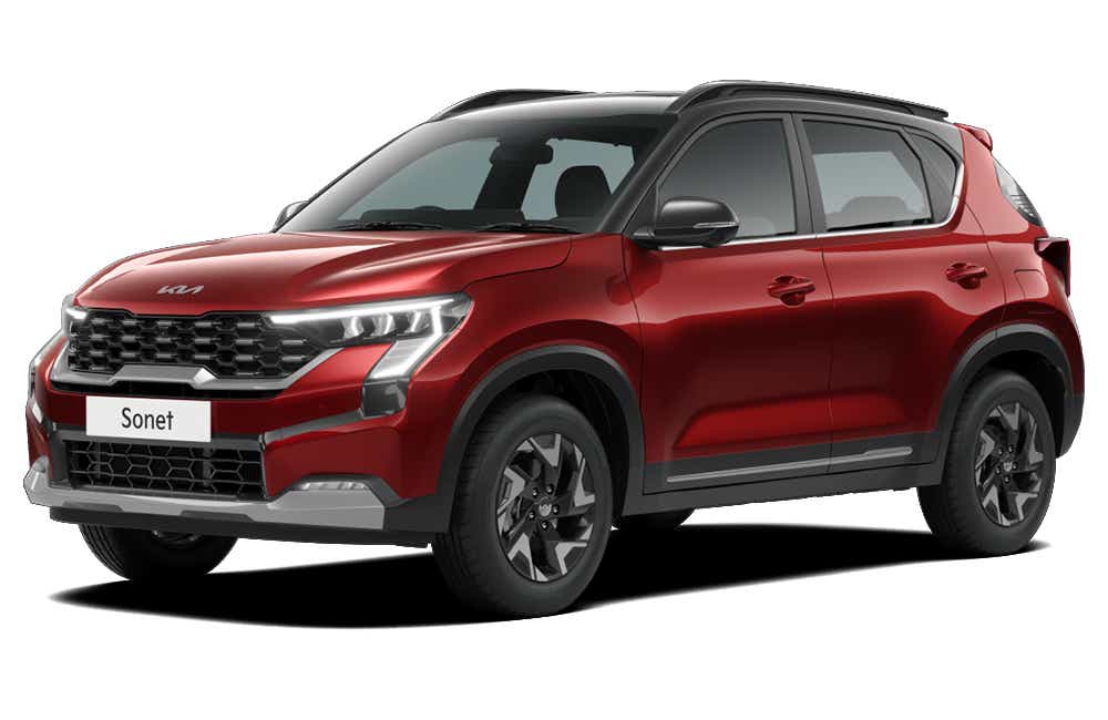 front three-quarter of a Intense Red Kia Sonet
