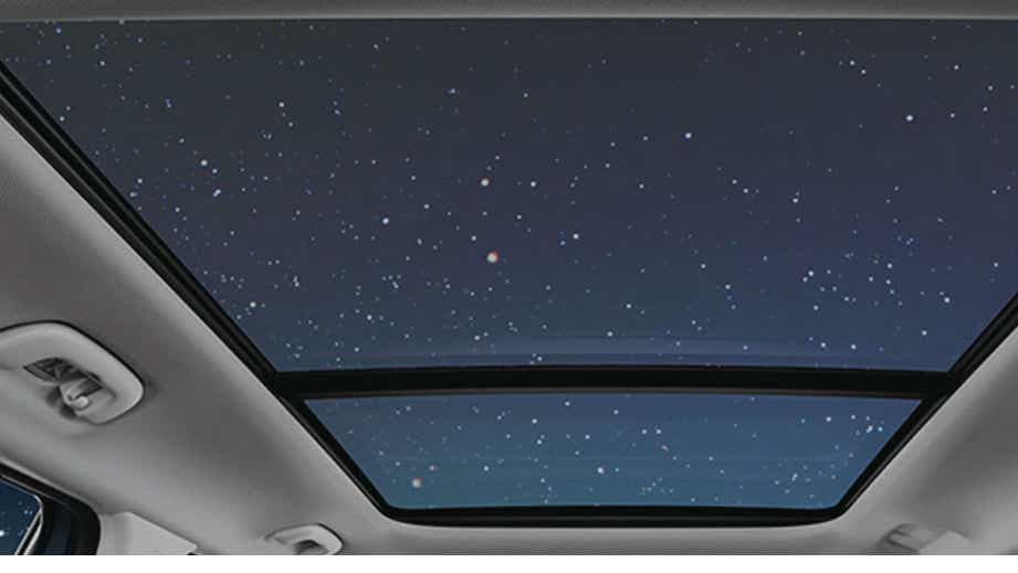 Panoramic sunroof view of a Kia Syros