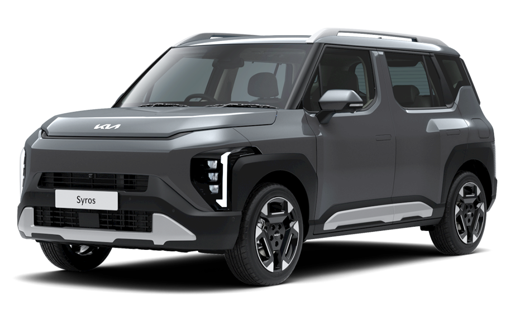 front three-quarter view of a Gravity Grey Kia Syros
