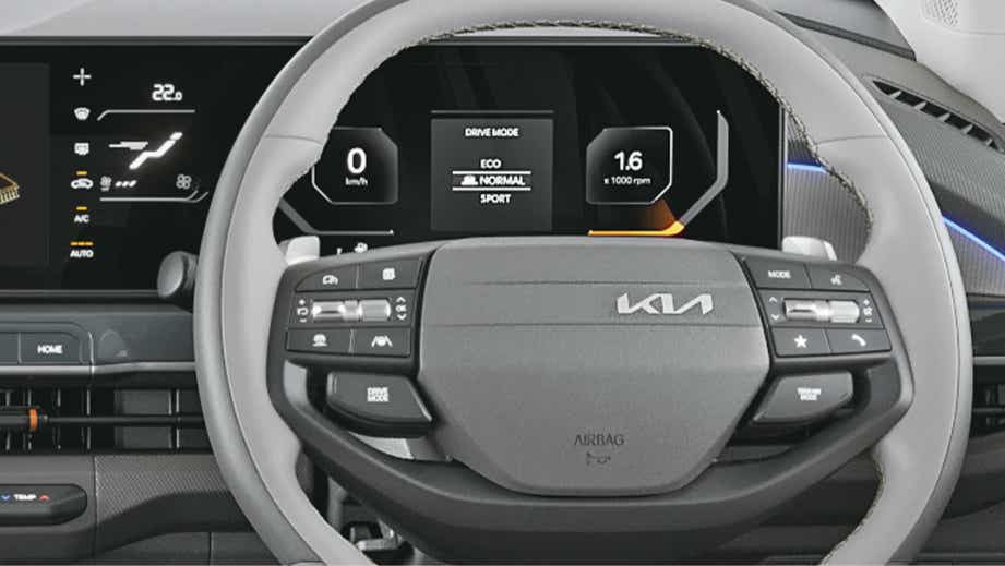 Interior dashboard and steering wheel of a Kia Syros