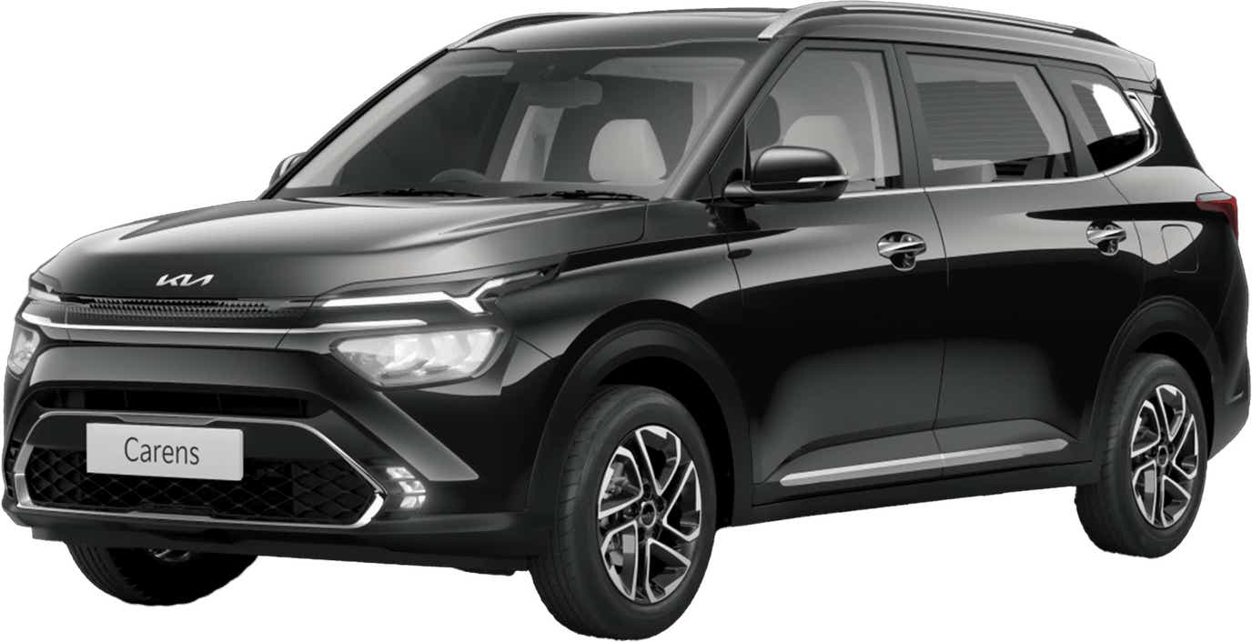 front three-quarter view of a Aurora Black Pearl Kia Carens