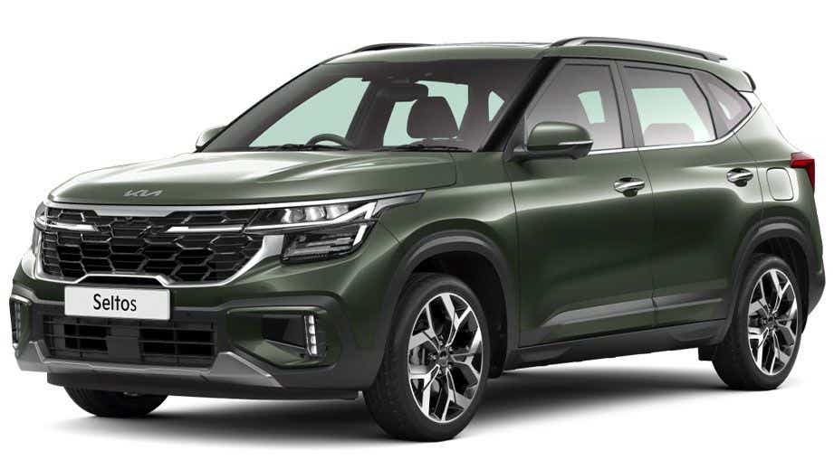 front three-quarter view of a Pewter Olive Kia Seltos