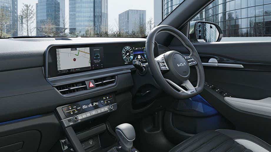 interior dashboard and steering wheel of a Kia Seltos